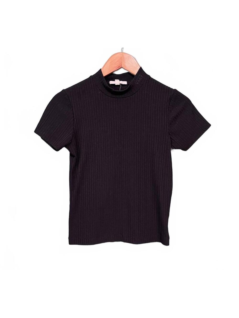 Vans Ribbed Mock Neck Short Sleeve Top Black Embroidered Skate Size S Streetwear